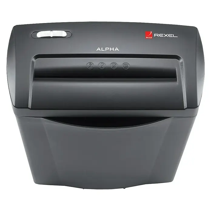 Rexel Aktenvernichter Alpha - L x B x H: 388 x 164 x 355 mm, Fassungsvermögen: 10 l, Streifenschnitt - Vorderansicht