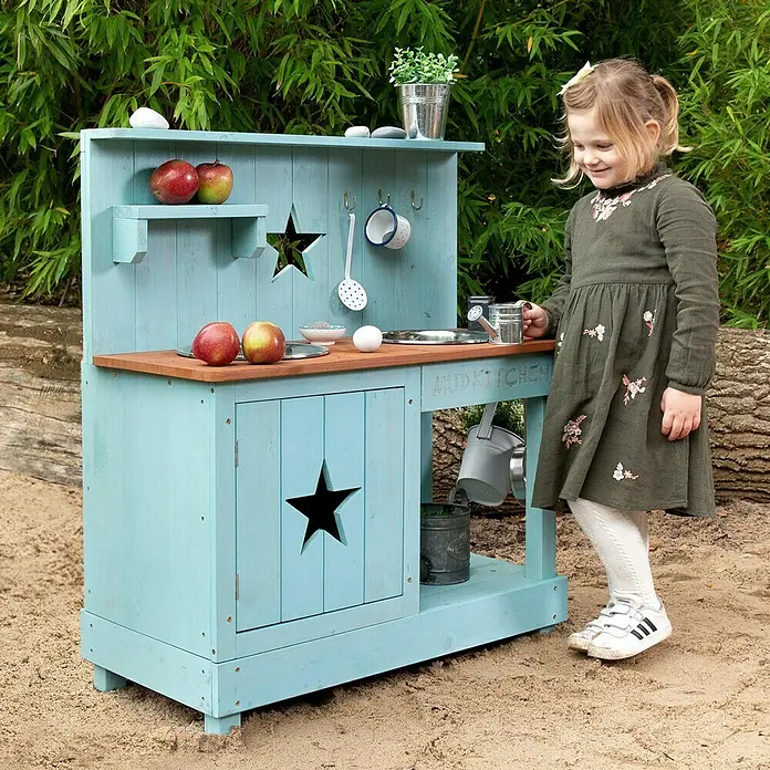 Muddy Buddy Matschküche Adventurer Star - L x B x H: 80 x 40 x 90 cm, Nadelholz, Petrolblau - Stimmungsaufnahme