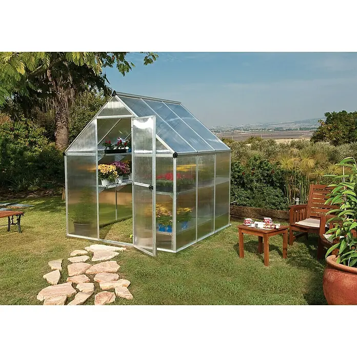 Palram – Canopia Gewächshaus Mythos 6x6 - 186 x 185 x 208 cm, Silber/Transparent - Vorderansicht