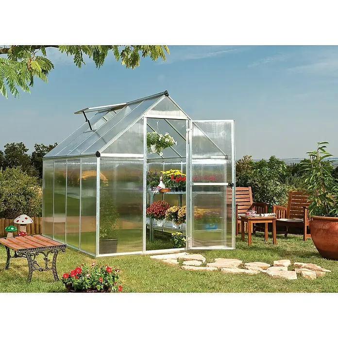 Palram – Canopia Gewächshaus Mythos 6x8 - 247 x 185 x 208 cm, Silber/Transparent - Vorderansicht
