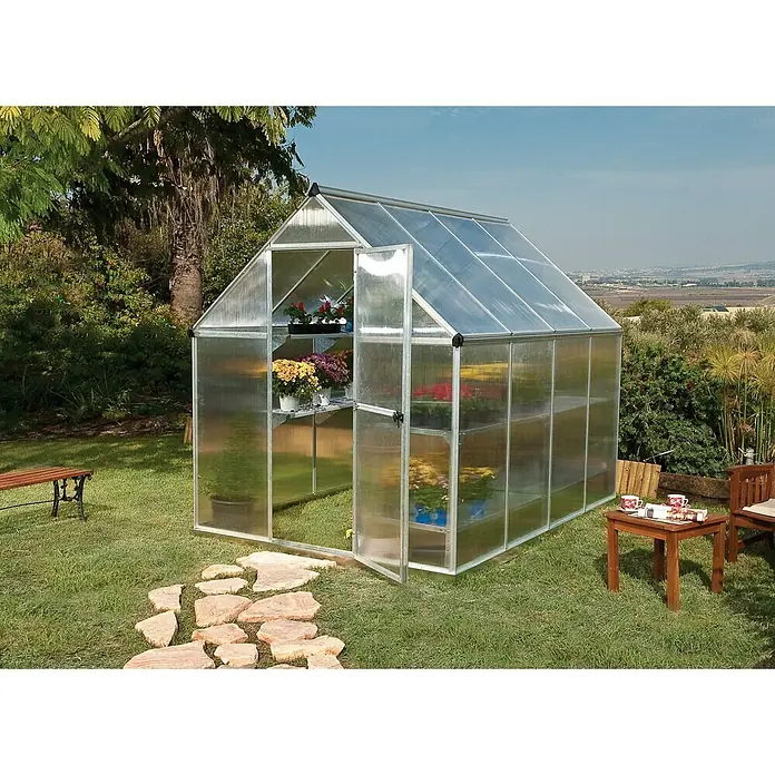 Palram – Canopia Gewächshaus Mythos 6x8 - 247 x 185 x 208 cm, Silber/Transparent - Vorderansicht