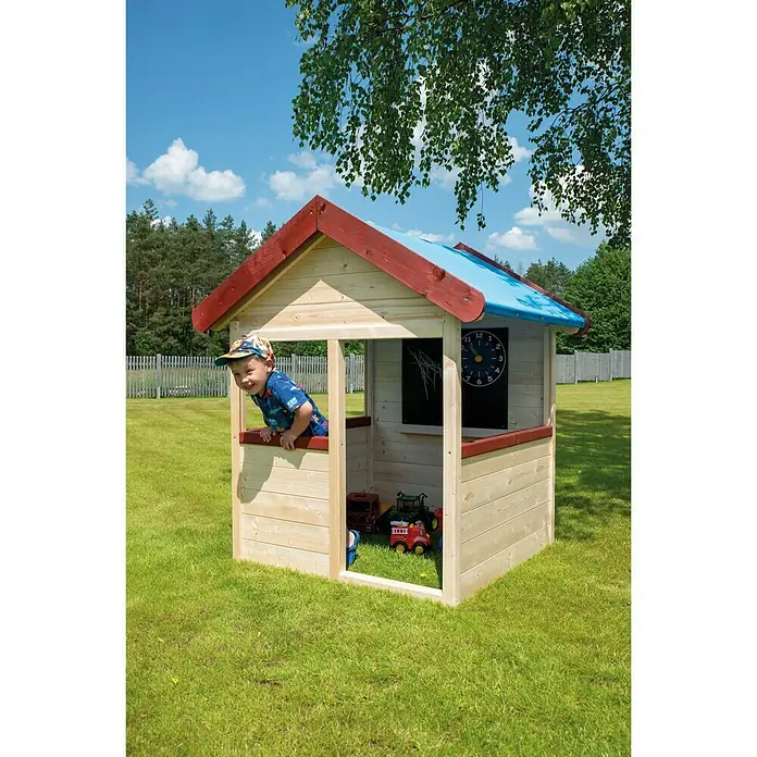 Spielhaus Nele - 100 x 100 x 150 cm, Natur, Rot, Blau