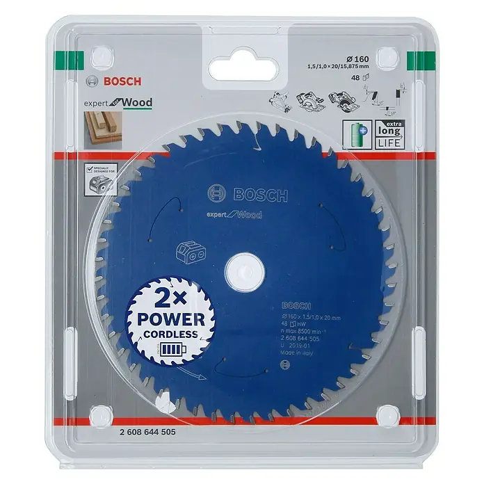 Bosch Kreissägeblatt Expert for Wood - Durchmesser: 160 mm, Bohrung: 20 mm, Anzahl Zähne: 48 Zähne - Vorderansicht