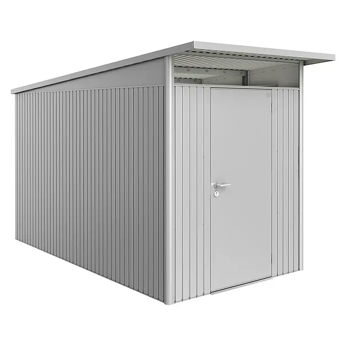 Biohort Gerätehaus AvantGarde A4 - 180 cm, 380 cm, Stahl, Silber Metallic, Einzeltür - Linke Seitenansicht