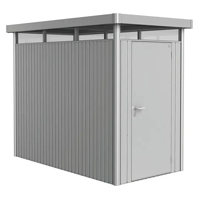 Biohort Gerätehaus HighLine HS - Außenbreite inkl. Dachüberstand: 155 cm, Außentiefe inkl. Dachüberstand: 275 cm, Stahl, Silber Metallic - Linke Seitenansicht