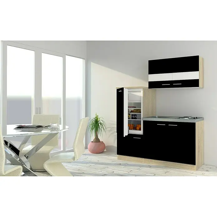 Respekta Singleküche KB160ESS - Breite: 160 cm, Mit Duo-Kochmulde, Schwarz