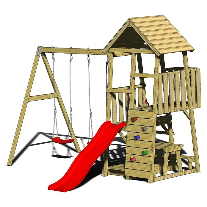 Wendi Toys Kinderspielturm Flamingo - 280 x 340 cm, Natur/Rot - Rechte Seitenansicht