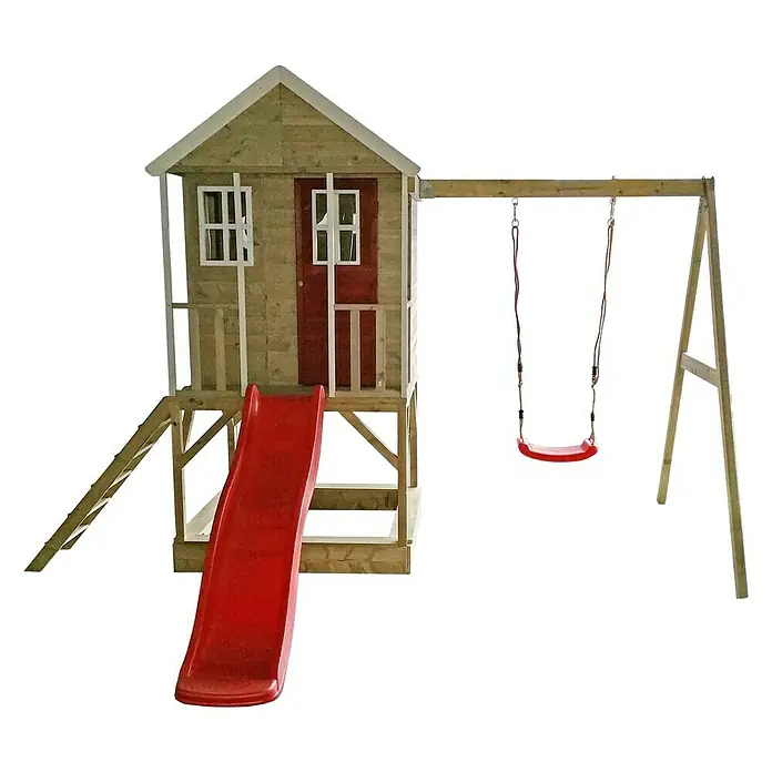 Wendi Toys Spielhaus Alpaka - 290 x 350 cm, Holz, Natur/Rot - Linke Seitenansicht