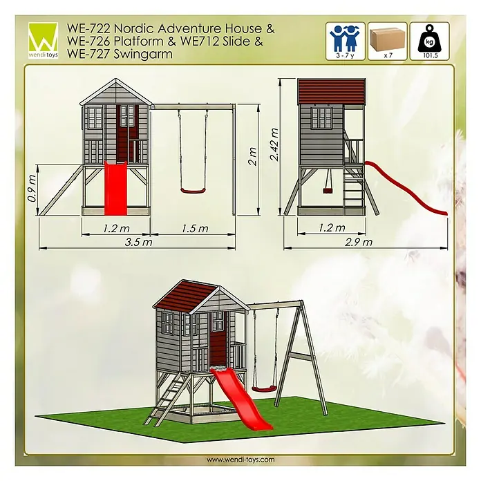 Wendi Toys Spielhaus Alpaka - 290 x 350 cm, Holz, Natur/Rot