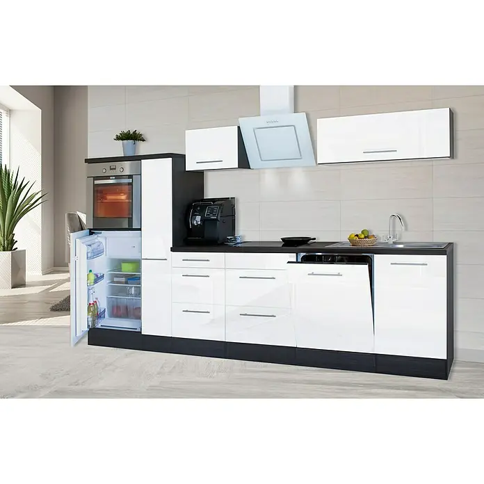 Respekta Premium Küchenzeile RP310HEWBO - Breite: 310 cm, Mit Elektrogeräten, Weiß Hochglanz