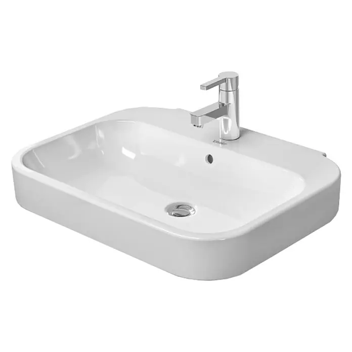 Duravit Happy D.2 Waschtisch - 65 x 49,5 cm, Mit schmutzabweisender Glasur, Hahnloch: Mitte, Mit Überlauf, Weiß, Ungeschliffen - Vorderansicht