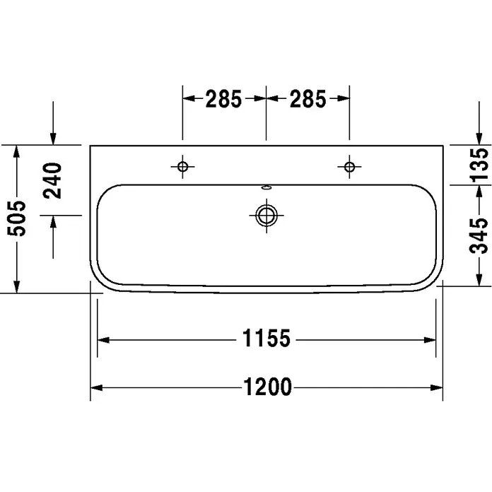 Duravit Happy D.2 Doppelwaschtisch - 120 x 50,5 cm, Ohne Spezialglasur, Anzahl Hahnlöcher: 2, Mit Überlauf, Weiß, Geschliffen - Skizze