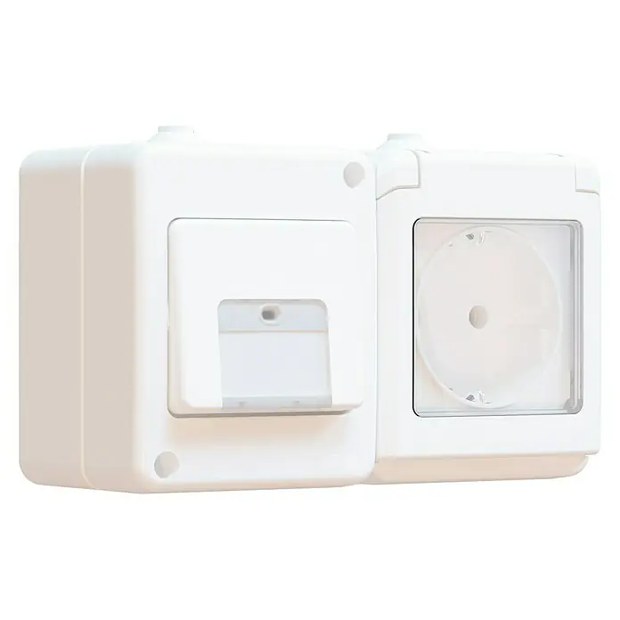 Elektro Material Fluid Combinación de interruptores para estancias con humedad - x 2, Horizontal, Blanco, Montaje en la pared, IP44