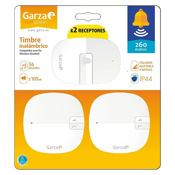 Garza Juego de timbre inalámbrico - Alcance: 206 m, 105 dB, Funciona con pilas, IP44