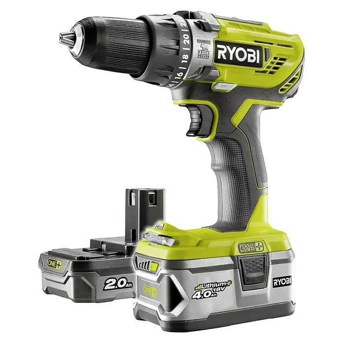 Ryobi ONE+ Akku-Schlagbohrschrauber R18PD3-242S - 18 V, 2 Akkus, 2 Ah - 4 Ah, Leerlaufdrehzahl: 0 U/min - 1.800 U/min - Vorderansicht