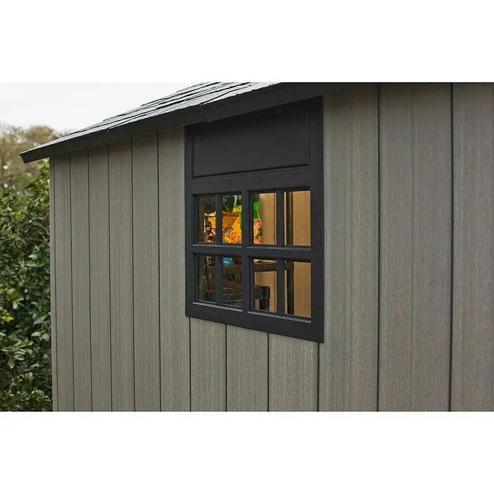 Keter Caseta para jardín Oakland 7,5 X 7 - Ancho exterior incluido el voladizo del techo: 229 cm, Profundidad exterior incluido el voladizo del techo: 223,5 cm, Plástico, Antracita/gris, Área: 4,5 m² - Primer plano