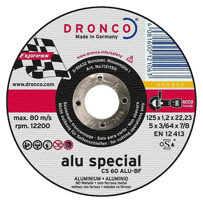 Dronco Trennscheibe CS 60 Alu - Durchmesser Scheibe: 125 mm, Stärke Scheibe: 1,2 mm, Geeignet für: Nichteisenmetalle - Vorderansicht