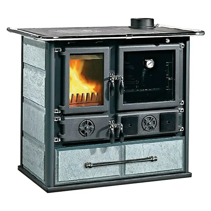 La Nordica Küchenherd Rosa - 6,5 kW, Raumheizvermögen: 185 m³, Verkleidung: Naturstein, Schwarz/Serpentino - Linke Seitenansicht