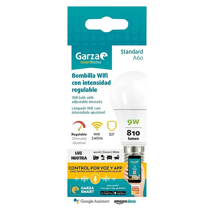 Garza Smart Home Bombilla LED - 9 W, E27, Color de luz: Blanco neutro, Intensidad regulable, Redonda