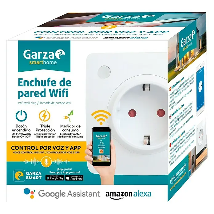 Garza Smart Home Enchufe inteligente - Blanco, 2 Polos + Toma Tierra, Plástico, Montaje en la pared