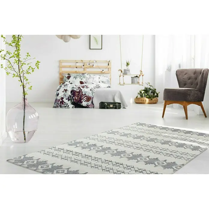 Kayoom Flachgewebeteppich Mirage - Grau/Elfenbein, 230 x 160 cm, 80 % Wolle, 20 % Viskose - Stimmungsaufnahme