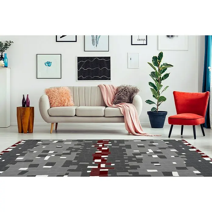 Kayoom Kurzflorteppich Vancouver 210 - Grau/Rot, 170 x 120 cm, 100 % Polypropylen - Stimmungsaufnahme