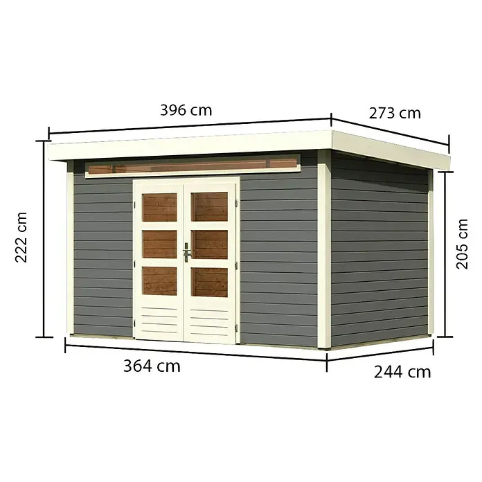Karibu Gartenhaus Kandern 7 - 364 x 244 cm, Wandstärke: 28 mm, Flachdach, Terragrau - Linke Seitenansicht