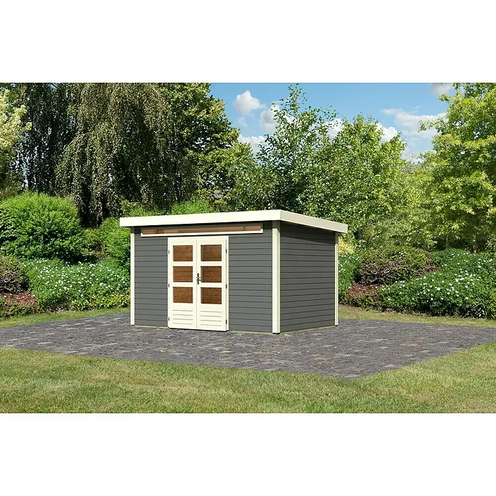 Karibu Gartenhaus Kandern 7 - 364 x 244 cm, Wandstärke: 28 mm, Flachdach, Terragrau - Linke Seitenansicht