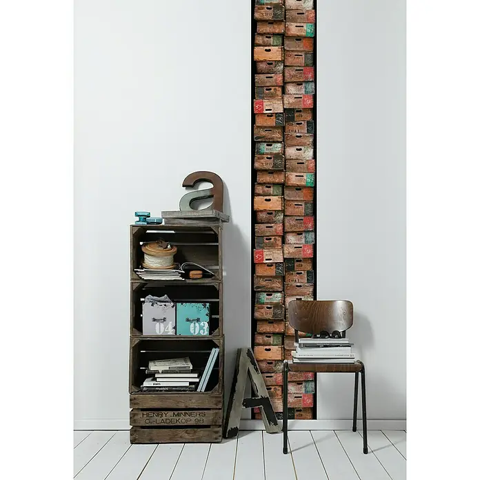 AS Creation Designpaneel pop.up - Kisten, Bruin/Zwart/ Bont, 35 cm x 2,5 m - Sfeeropname