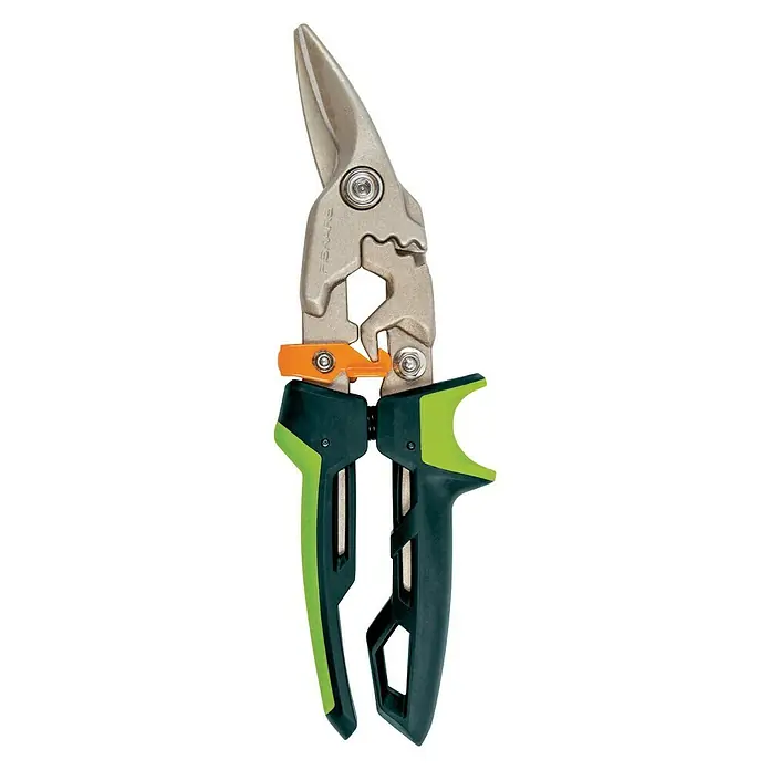 Fiskars PowerGear Tijeras para chapa - Largo: 29 cm, Longitud de corte: 38,1 mm, Corte a izquierda, Negro/Verde