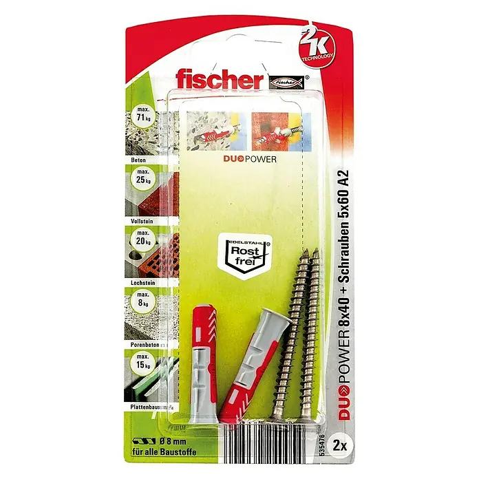 Fischer Duopower Dübel- & Schraubenbox 8 x 40 S - Durchmesser Dübel: 8 mm, Länge Dübel: 40 mm, 2 Stk., Senkkopfschraube, Edelstahl