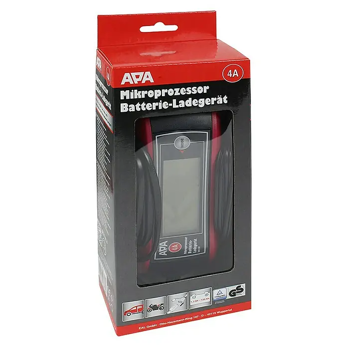 APA Batterie-Ladegerät mit Kabelaufroller - Ladestrom: 4 A, AGM-/Gel-/Nass-/Blei-Säure-Batterien 6/12 V