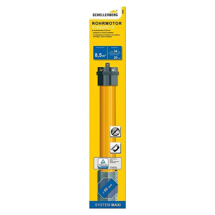 Schellenberg Rohrmotor Maxi Standard - Max. Rollladenfläche: 8,5 m² bei Kunststoffrollläden, Einbaulänge: 500 mm, Zugkraft: 34 kg - Vorderansicht