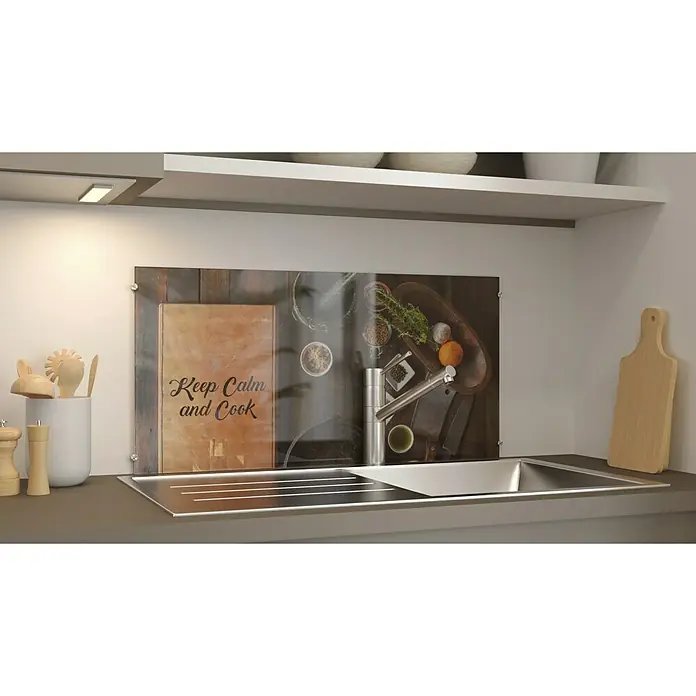 CUCINE Küchenrückwand - Keep Calm and Cook, 80 x 40 cm, Stärke: 6 mm, Einscheibensicherheitsglas (ESG) - Linke Seitenansicht