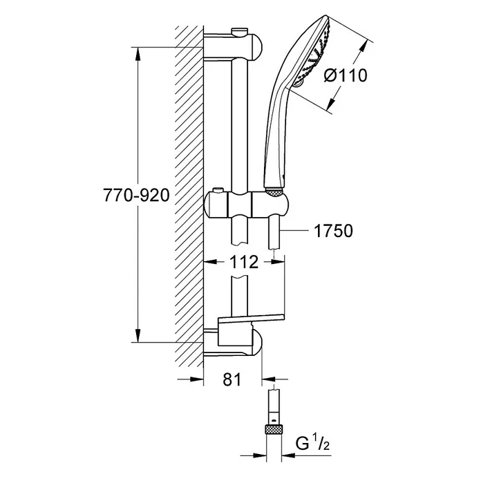 Grohe Euphoria Brausegarnitur 110 - Lochabstand: 77 cm - 92 cm, Art Strahl: Rainstrahl, Massagestrahl, SmartRain, Chrom - Vorderansicht