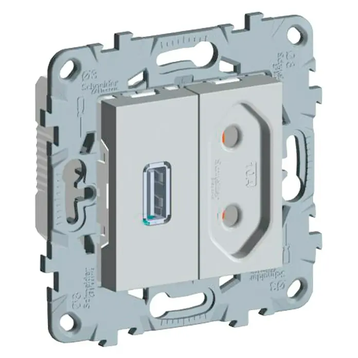 Schneider Electric New Unica Enchufe con USB - Aluminio, Sin Toma Tierra, Plástico