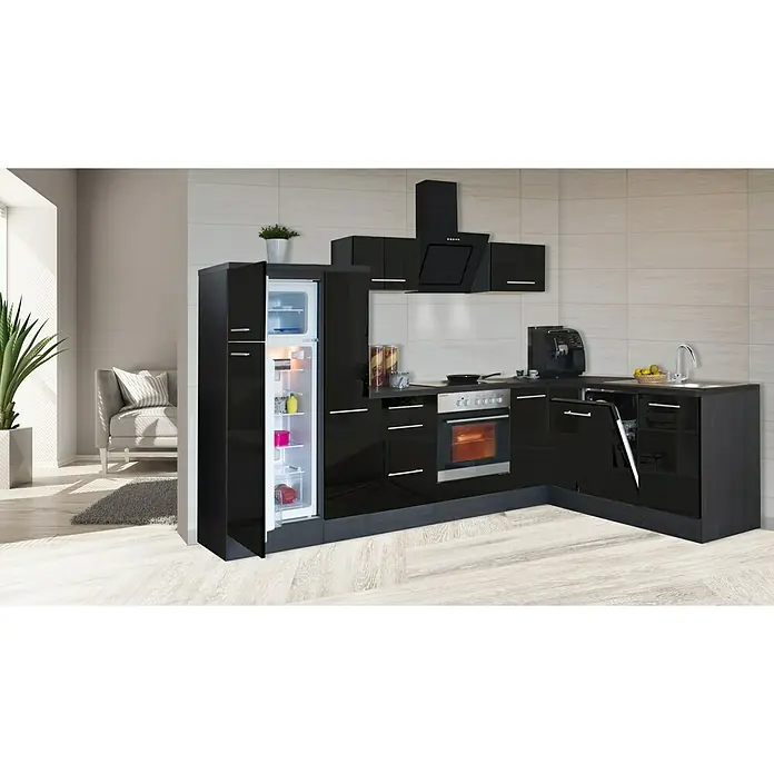 Respekta Premium Winkelküche RP290ESCBO - Breite: 290 cm, Mit Elektrogeräten, Schwarz Hochglanz