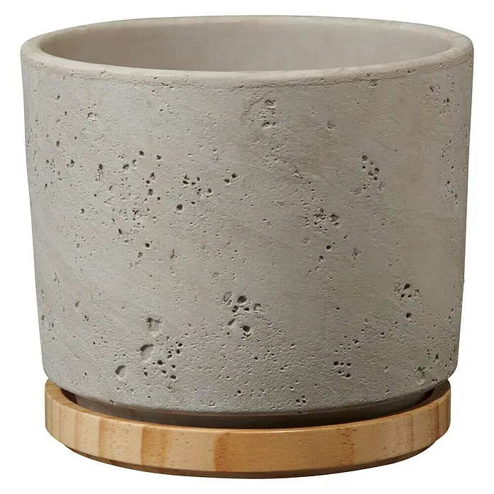 Soendgen Keramik Übertopf rund Paros Deluxe - Außenmaß (Ø x H): 16 x 14 cm, Hellgrau, Holz