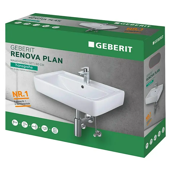 Geberit Renova Plan Waschtisch-Set Renova Plan - 60 x 48 cm, Ohne Spezialglasur, Hahnloch: Mitte, Mit Überlauf, Weiß, Ungeschliffen