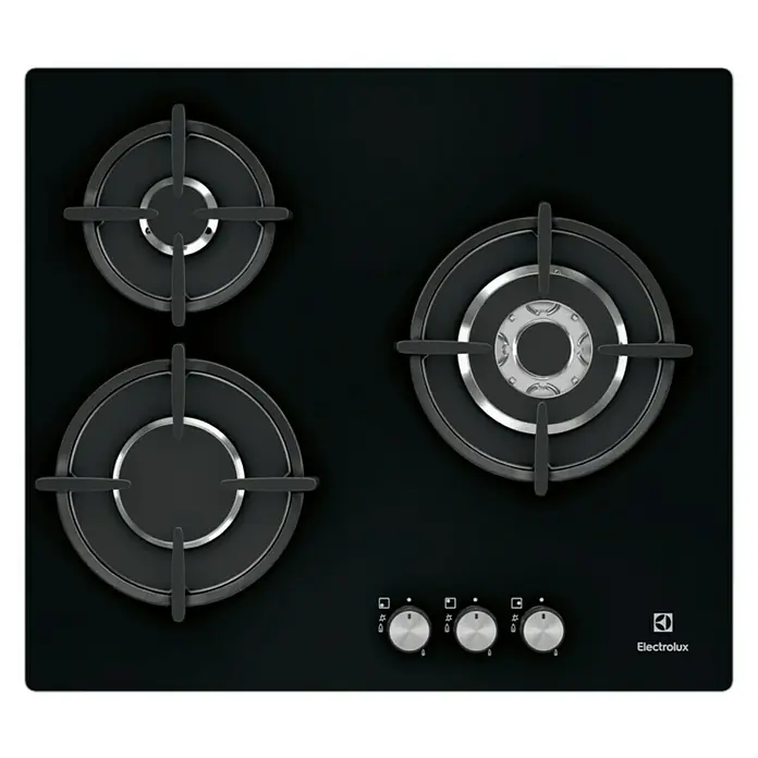 Electrolux Placa de cocción de cristal gas EGT6633NOK - Zonas de cocción: 3 ud., Parrillas de hierro fundido, Vitrocerámica
