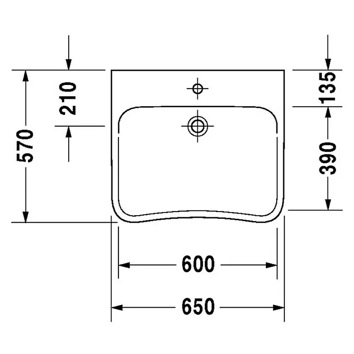 Duravit DuraStyle Waschtisch Vital - 65 x 57 cm, Mit schmutzabweisender Glasur, Hahnloch: Mitte, Ohne Überlauf, Weiß - Skizze