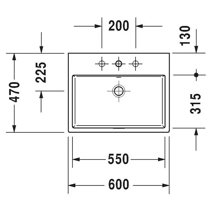 Duravit Vero Air Waschtisch - 60 x 47 cm, Ohne Spezialglasur, Hahnloch: Mitte, Ohne Überlauf, Weiß, Geschliffen - Skizze