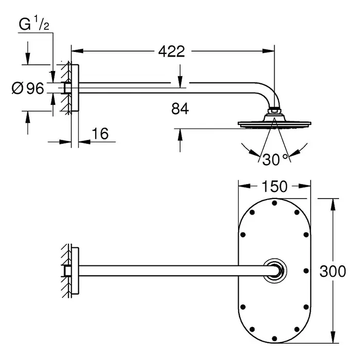 Grohe Kopfbrausen-Set Rainshower Veris 300 - 15 x 30 cm, 24 l/min bei 3 bar, Moonwhite/Chrom - Vorderansicht