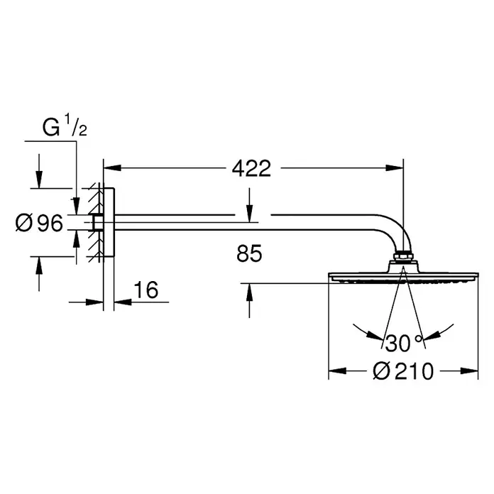 Grohe Kopfbrausen-Set Rainshower Cosmopolitan 210 - Durchmesser: 21 cm, Ausladung: 42,2 cm, 24 l/min bei 3 bar, Chrom - Vorderansicht