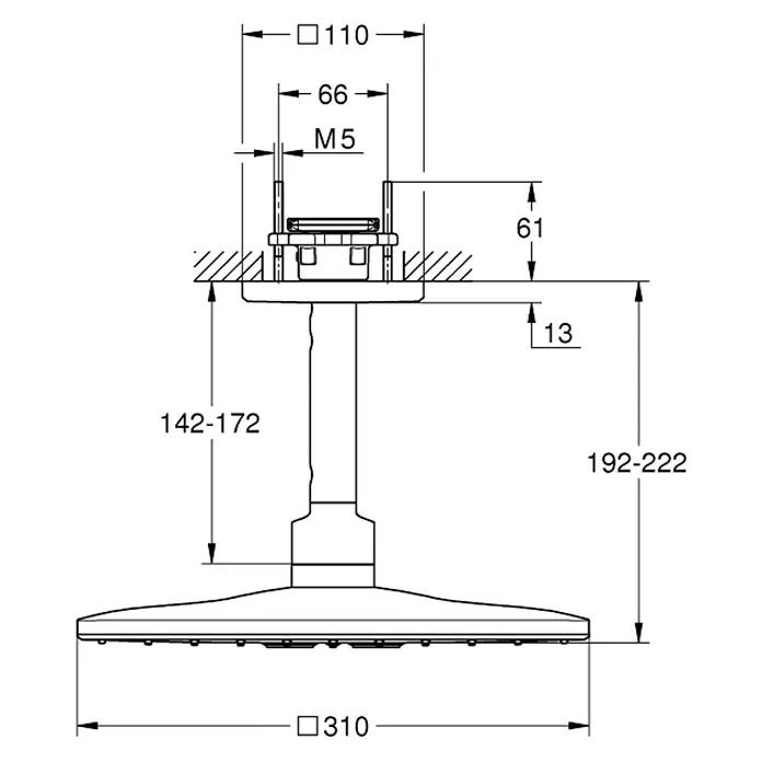 Grohe Kopfbrausen-Set Rainshower Smartactive 310 Cube - 31 x 31 cm, 25 l/min bei 3 bar, Deckenmontage, Chrom - Vorderansicht