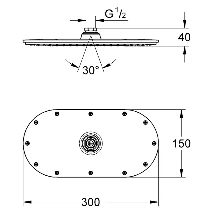 Grohe Kopfbrause Rainshower Veris 300 - 15 x 30 cm, 23 l/min bei 3 bar, Anzahl Funktionen: 1 Stk., Chrom - Vorderansicht