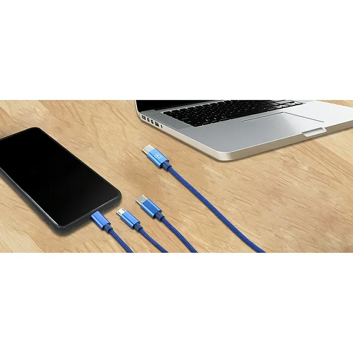 BAUHAUS USB kabel za punjenje - Plave boje, 1 m, USB C utikač, USB mikro utikač, Lightning utikač - Pogled sprijeda