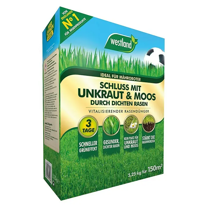 Westland Rasendünger Schluss mit Unkraut & Moos - 5,25 kg, Inhalt ausreichend für ca.: 150 m² - Linke Seitenansicht