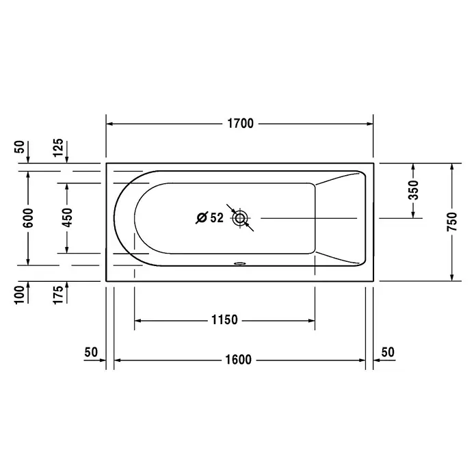 Duravit Darling New Badewanne - 170 x 75 cm, Rückenschräge Rechts, Sanitäracryl, Weiß - Vorderansicht