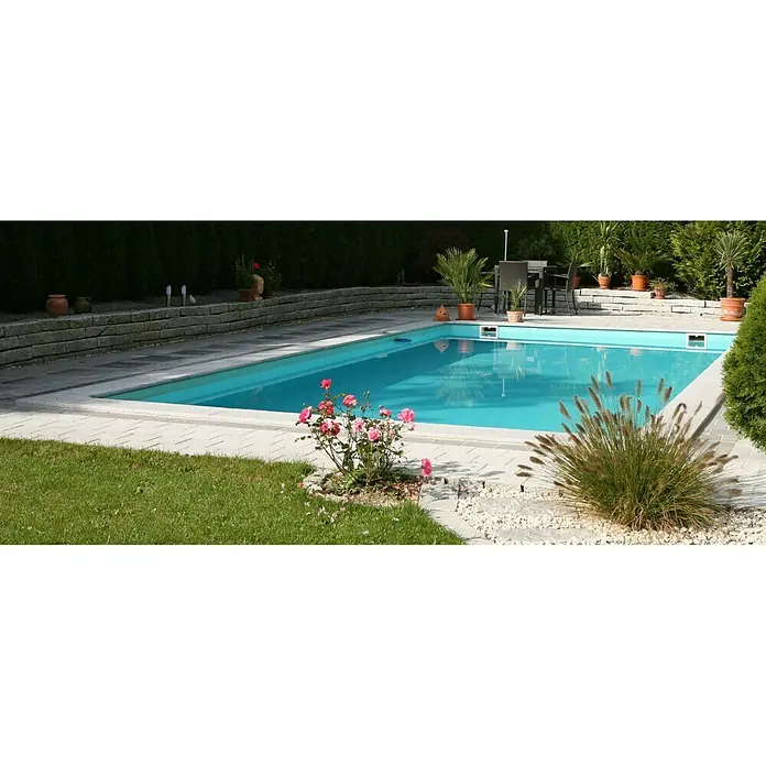 Steinbach Ökopool Highlight de Luxe Top - L x B x H: 900 x 500 x 145 cm, 58,5 m³, Blau, Ecktreppe Links - Vorderansicht